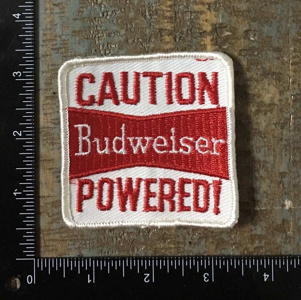 Vintage Caution BUDWEISER POWERED! Beer Anheuser Busch Embroidered Sew-On Patch