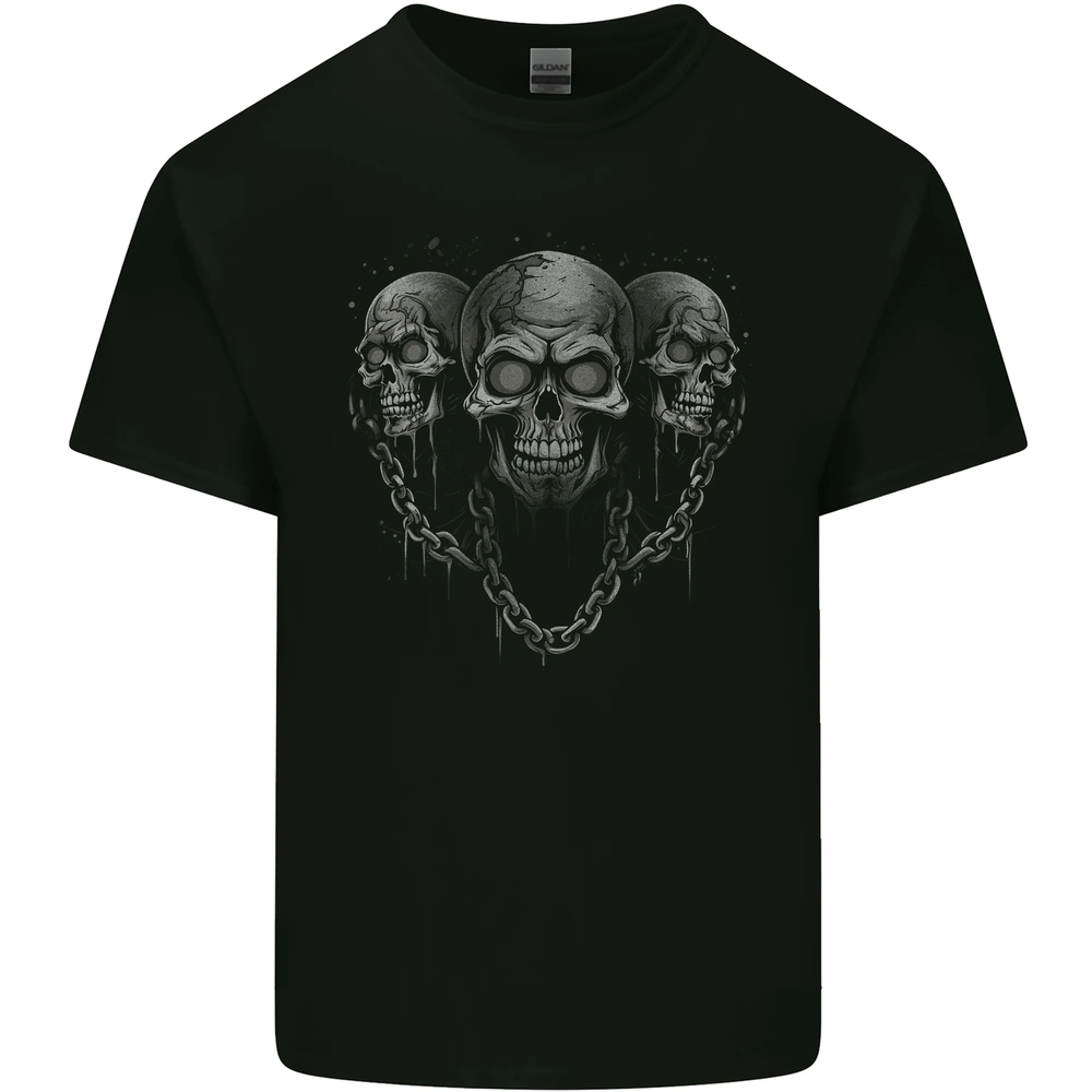 Three Skulls With Chains Heavy Metal Rock Music Mens Cotton T-Shirt Tee Top