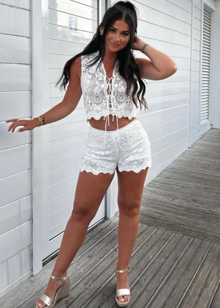 Zara ZW Collection Embroidered Lace Co Ord Set Top and Bermuda Shorts SIZE S New