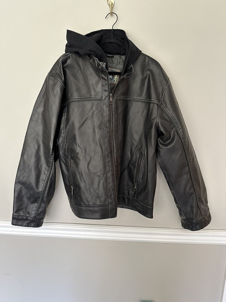 Whispering Smith Faux Leather Jacket Men's XL Black Hooded Zipped Pockets
