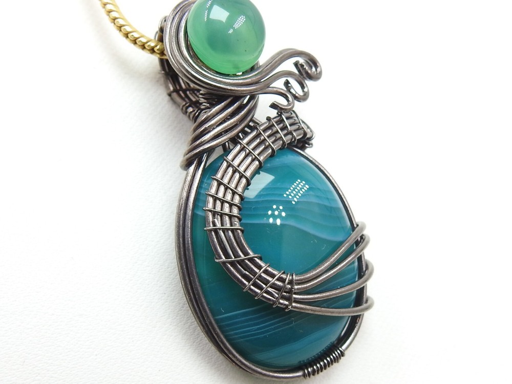 Green Strip Agate Brass Pendant Silver Oxidised Polished Wire Wrapped Jewelry
