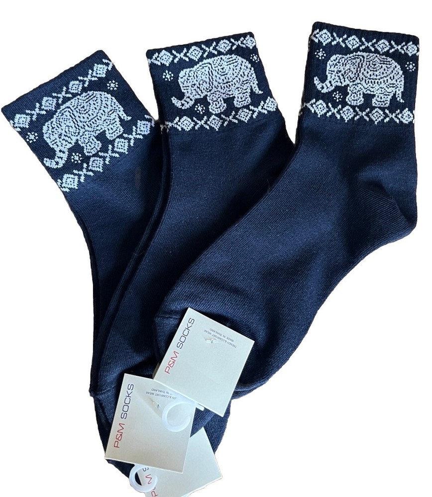 Crew Socks 3 Pair Lot Blue Elephant Animal Novelty Women Cotton Stretch Blend