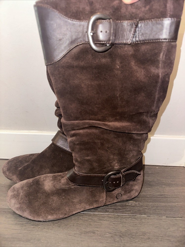 Born Brown Suede Mid Calf Slouch Boots Side Zip With Buckles Wms 9M US