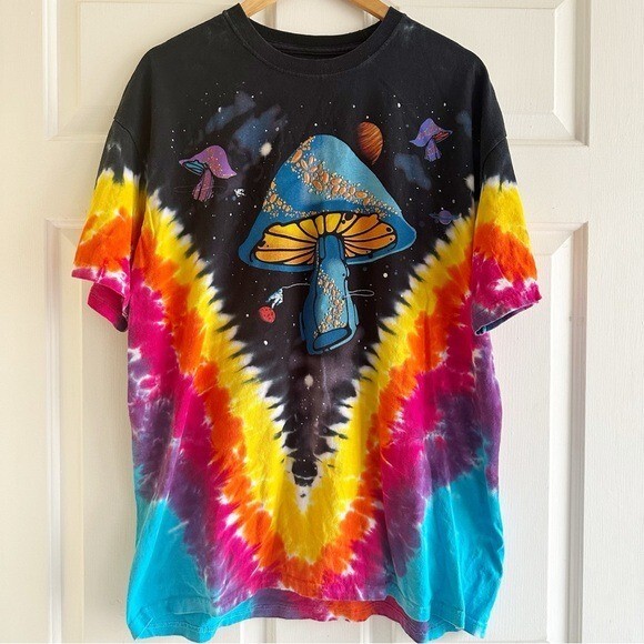 Liquid Blue Trippy Magic Mushrooms Space Astronaut Tie Dye T Shirt XL