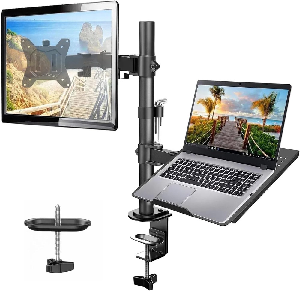 Laptop Monitor Mount with Tray for 13- 27 Inch, Fully Adjustable Laptop