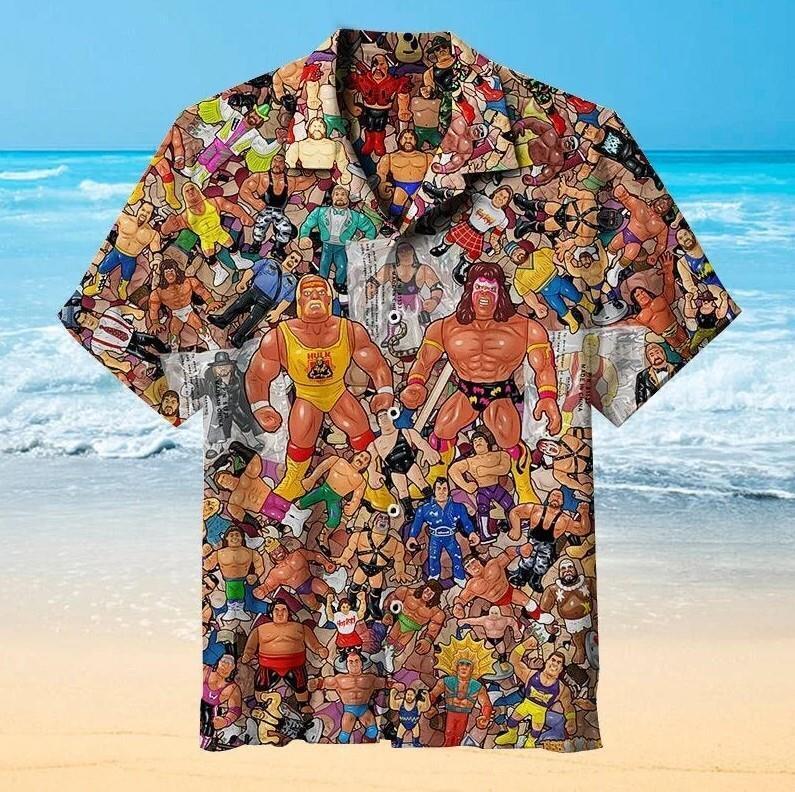 Vintage Wrestling Collage Hawaiian Shirt with Short Sleeves Button Down Design