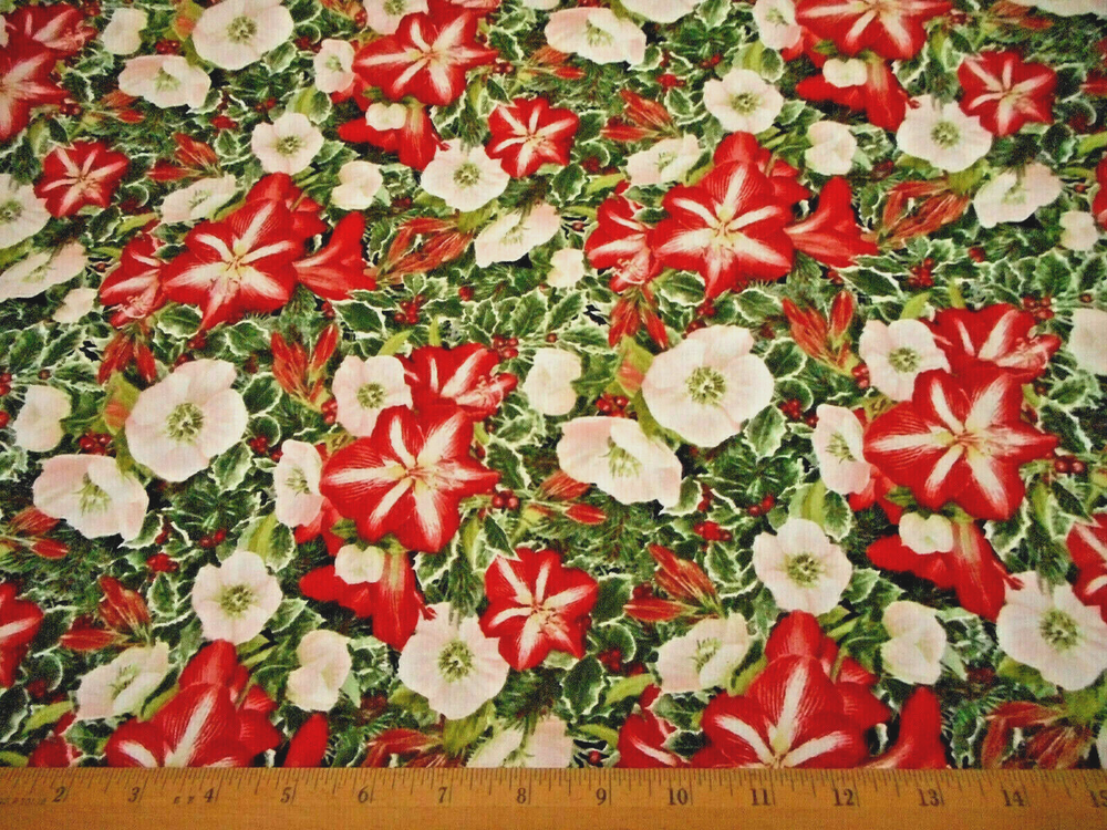 Christmas Fabric By Yard SALE Red White Xmas Floral Green Holly Cotton #76 #C-image