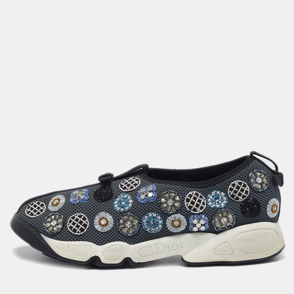 Dior Grey Mesh Crystal Embellished Slip-On Sneakers Size 38.5