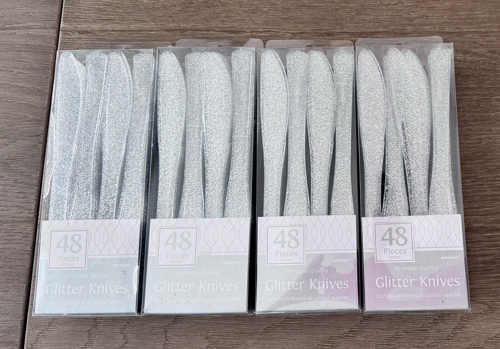 Glitter Silver Premium Plastic Knives 48ct – 4 Unopened Boxes
