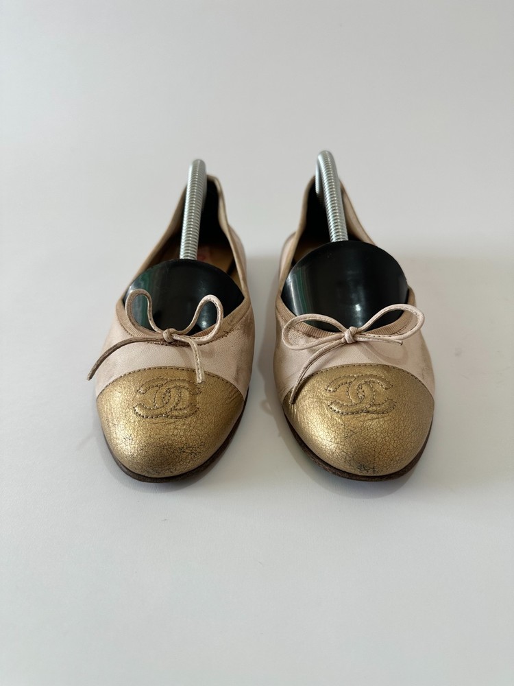 Chanel Pink Gold Leather Cap Toe Ballet Flats Size 36