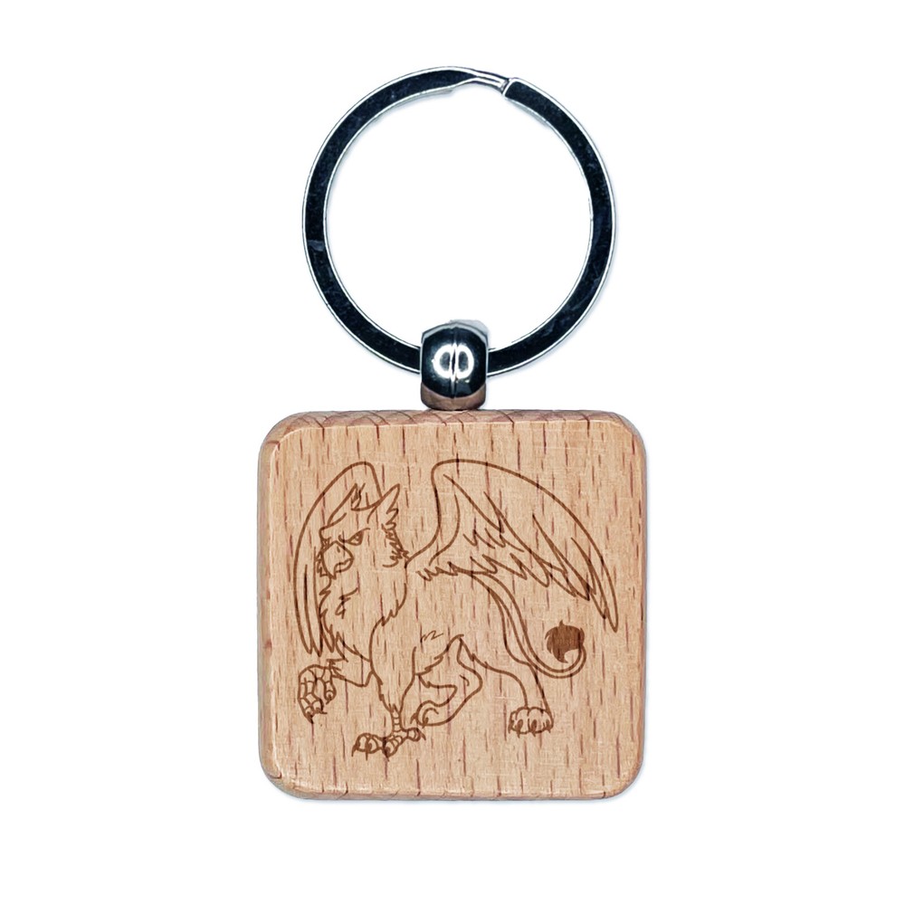Gryphon Griffin Mythical Creature Engraved Wood Square Keychain Tag Charm