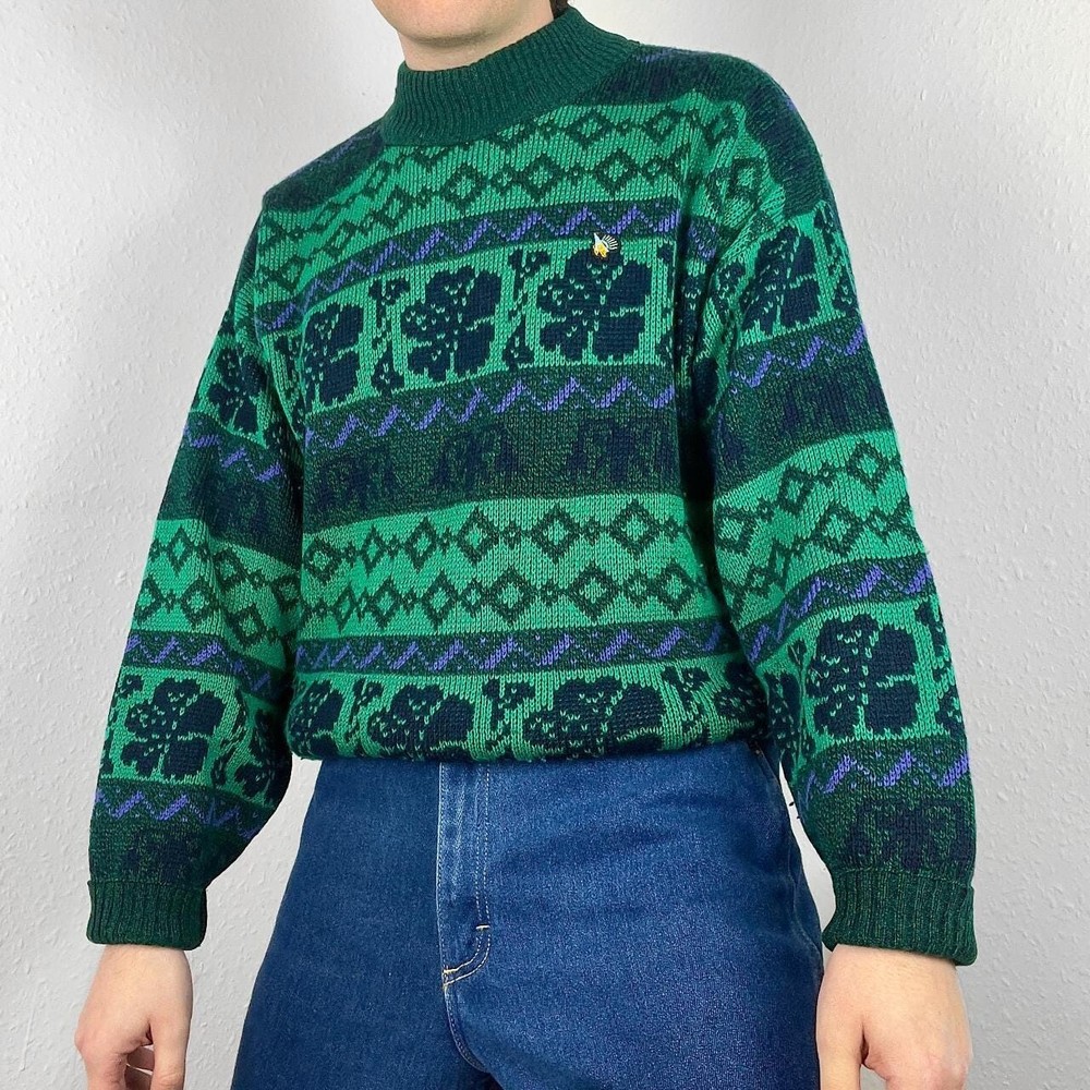 Vintage Floral Pattern Knit Sweater Mock Neck Jumper Chunky Funky Hippy Boho 90s