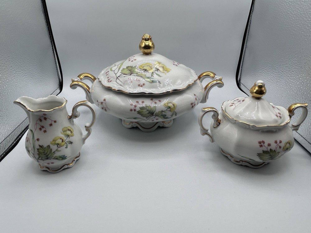 Mitterteich Floral Bavaria Germany 3-Piece Set with Covered Bowl, Sugar Bowl, and Pitcher