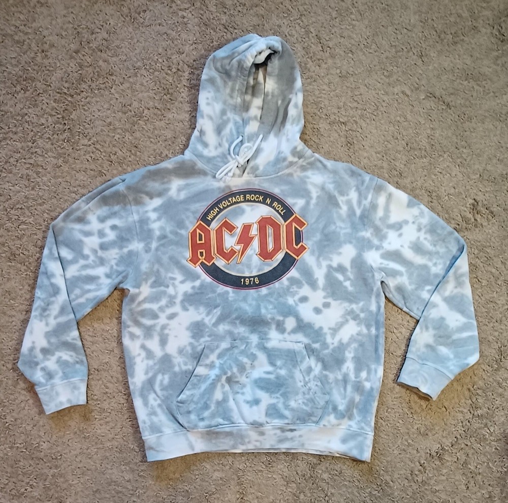ACDC Unisex Sweatshirt Medium Tie Dye Hoodie Logo Raw Hem Pullover