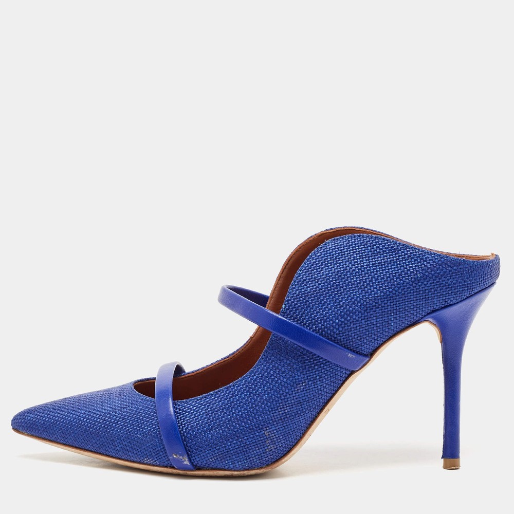 Malone Souliers Navy Blue Woven Raffia and Leather Maureen Mules Size 38