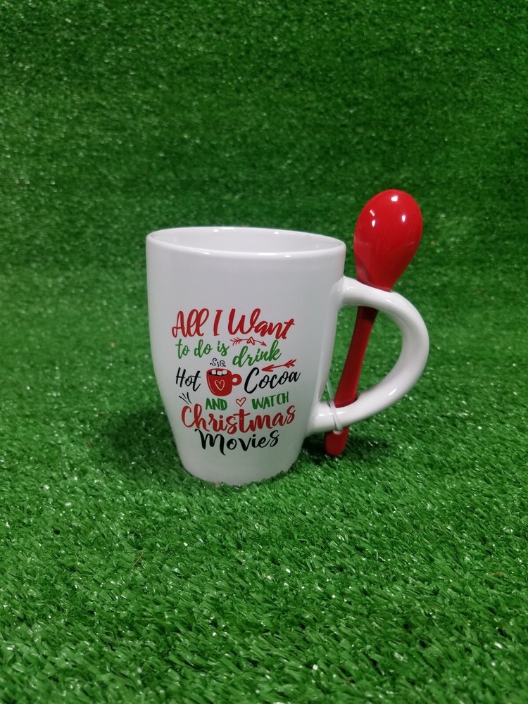Festive 11 oz Christmas Hot Cocoa Mug with Red Ceramic Spoon  