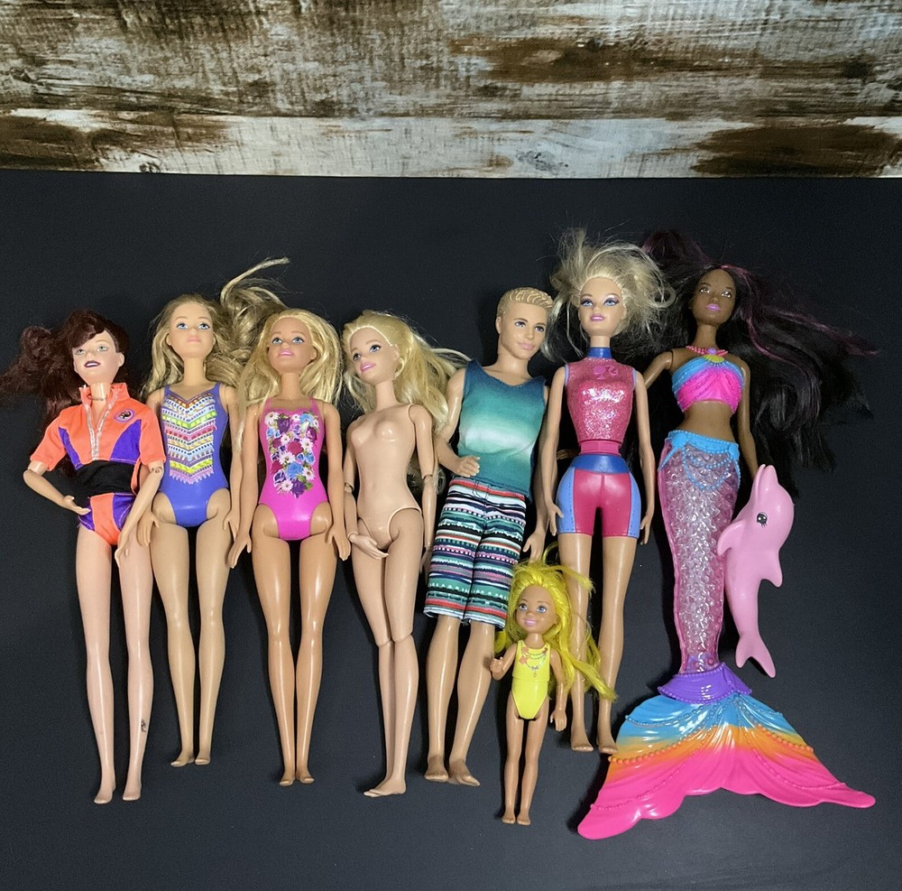 Set Of 8 Beach Themed Barbie Dolls Set With Mermaid And Pink Dolphin. Damage
