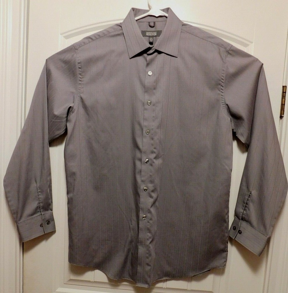 KENNETH COLE REACTION LONG SLEEVE BUTTON DOWN LARGE MENS GRAY DRESS SHIRT (A8020