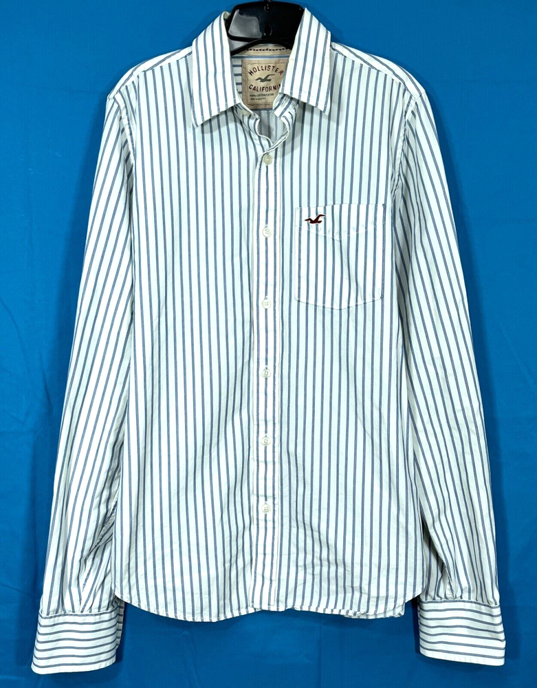 VTG Y2K HOLLISTER Slim Fit Button-Up Shirt BLUE & WHITE STRIPES One Pocket L