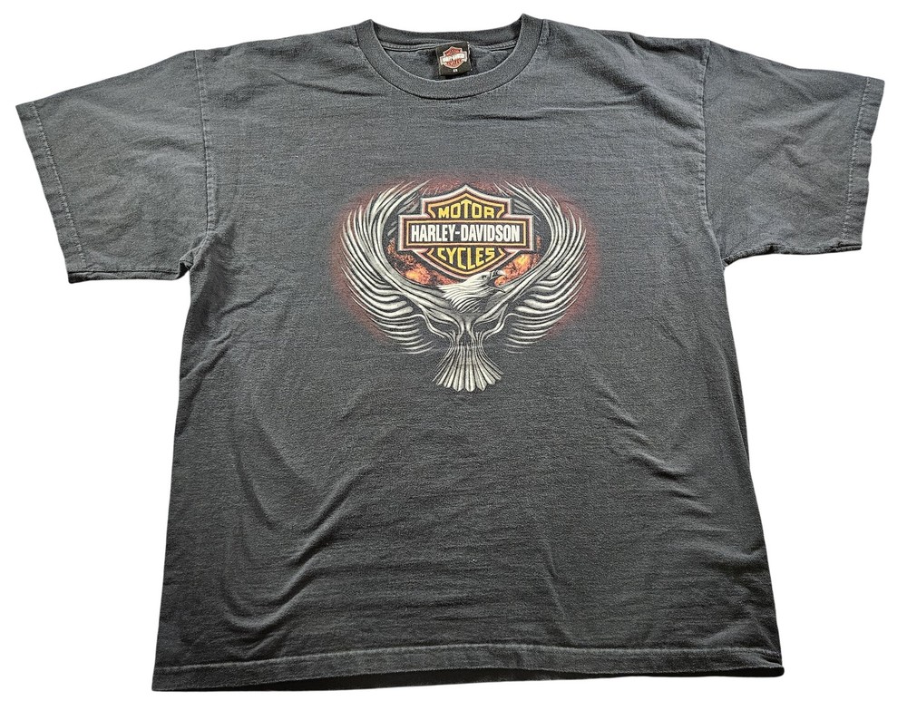 Vintage Harley-Davidson Shirt Mens 2XL Black Eagle Flame Motorcycle USA 2000s