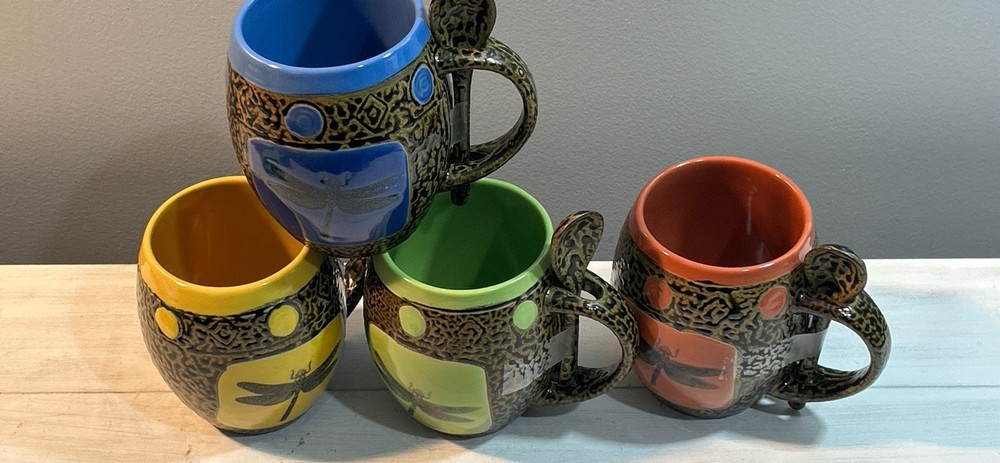 Azul Dragonfly Design 4-Piece Pottery Coffee Mug Set with Spoons