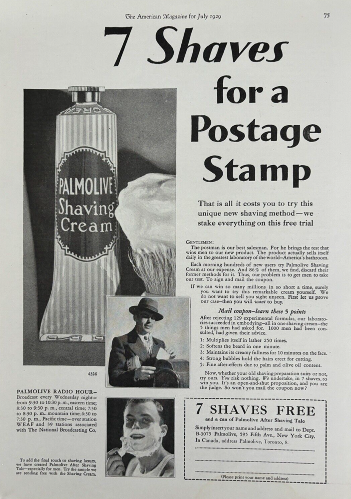 1929 Palmolive Shaving Cream 7 Free Postman Stamp Coupon Vintage Print Ad-image