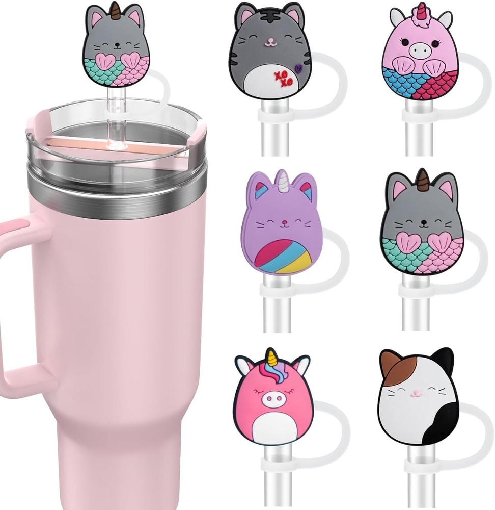 Leak-proof straw toppers 6pcs for 30oz & 40oz Stanley cups - pink cat design