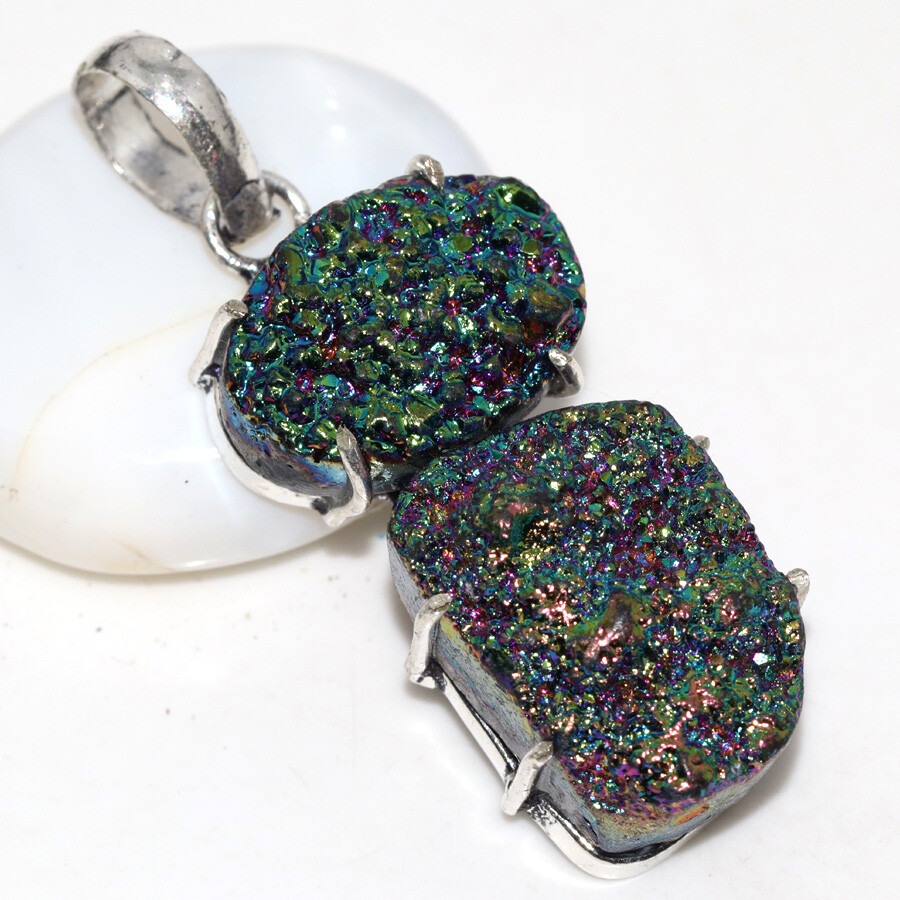 Titanium Druzy 925 Silver Plated Long Gemstone Pendant 2