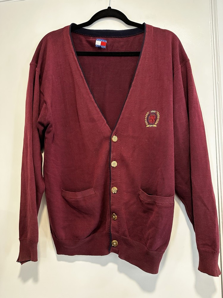 VTG 90s Tommy Hilfiger Maroon Cardigan Sweater Small Preppy Logo Pocket