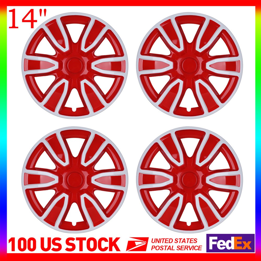 14 Inch 4-Piece White Red Wheel Covers Snap-On Hub Caps for R14 Tires & Steel Rims