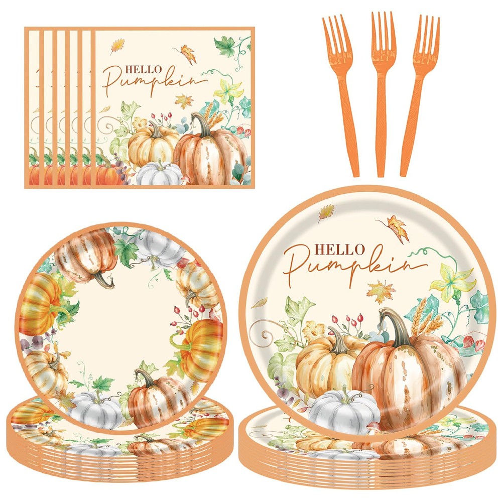 96pcs Fall Thanksgiving Paper Plates and Napkins Set for Holiday Party Supplies in Watercolor Design