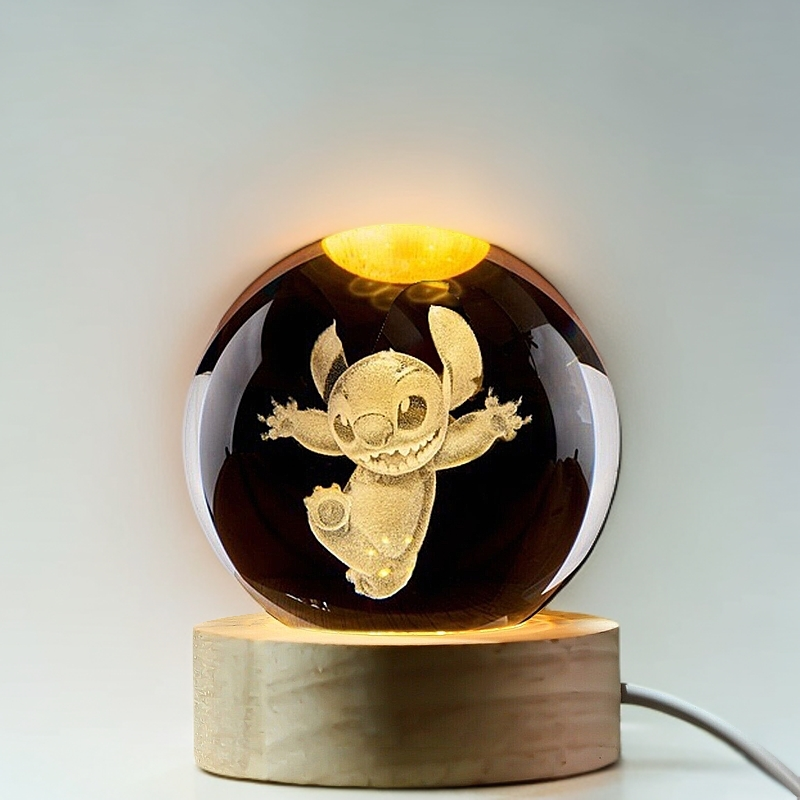 3D Carved Stitch Crystal Ball Night Light with Wooden Base - Kids Gift Healing Decor