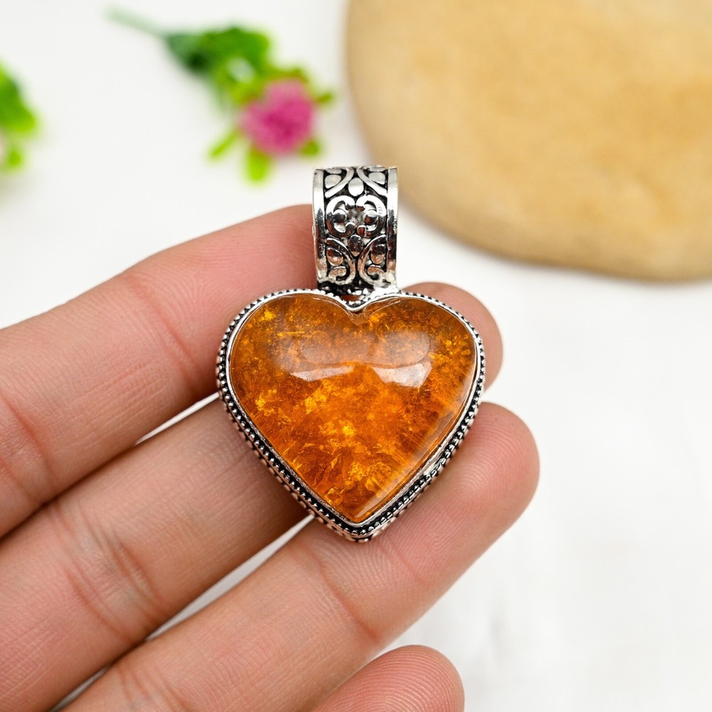 Natural Baltic Amber Heart Pendant 925 Sterling Silver Handmade Jewelry For Gift