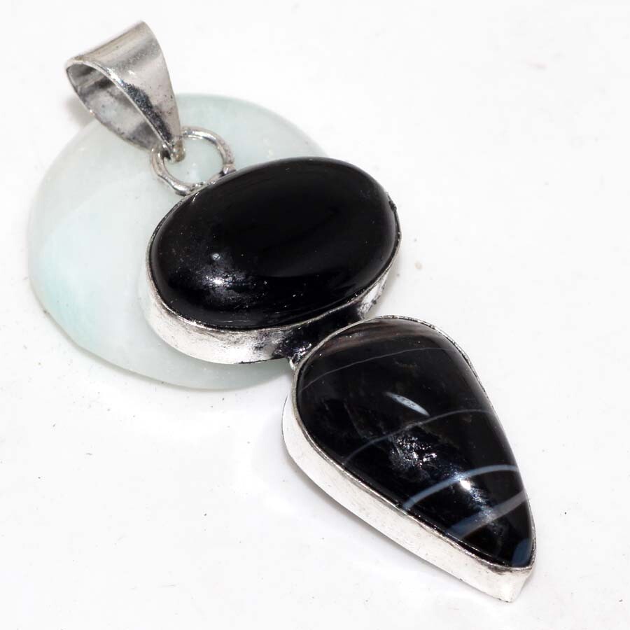 Banded Black Onyx 925 Silver Plated Handmade Gemstone Pendant 2