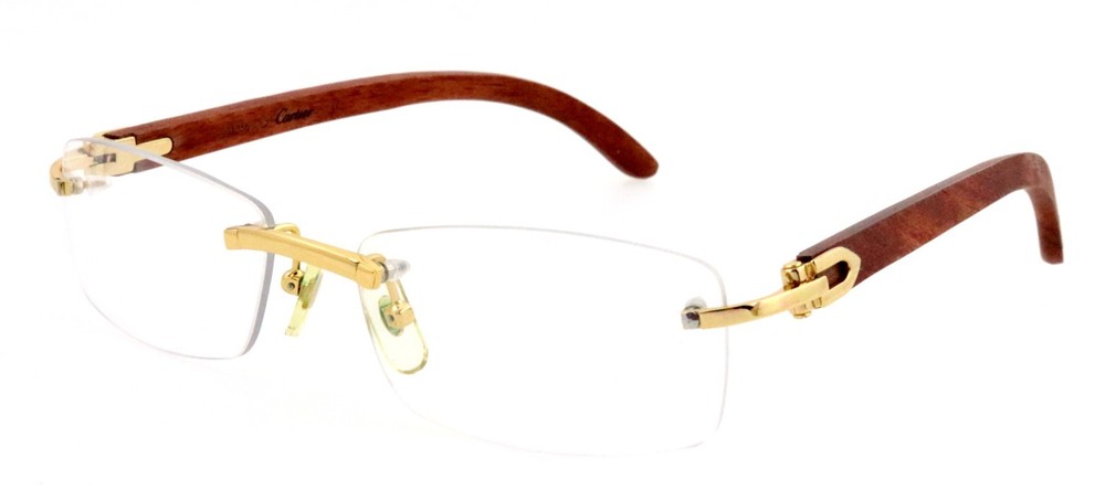 Authentic CARTIER 53mm Gold Wood Rimless Eyeglasses Frames France