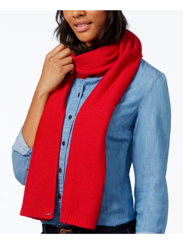 TOMMY HILFIGER Womens Red Cotton Logo Embroidered Winter Scarf Soft Warm Fashion Accessory