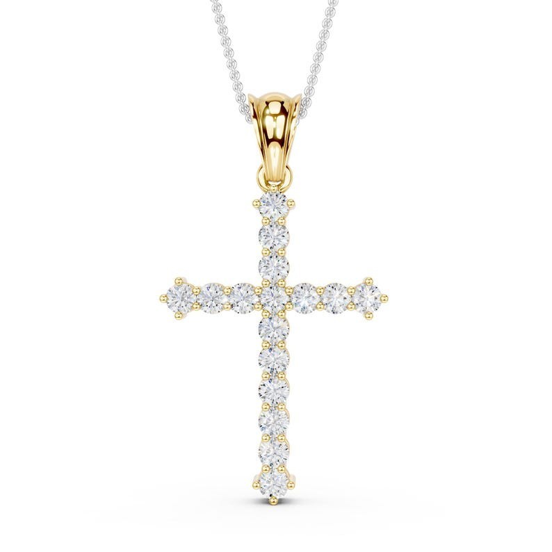 Christmas Sale Solid 14K Yellow Gold Moissanite Cross Pendant 1.80 CT Round Cut-image