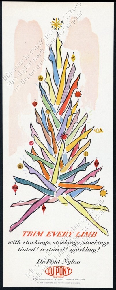 1960 women's legs Christmas tree art Du Pont Nylon stockings vintage print ad