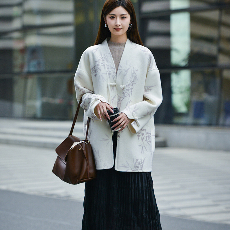 Chinese Style Buckle Double-sided Wool Coat Womens Winter V-neck 100% Wool Coat