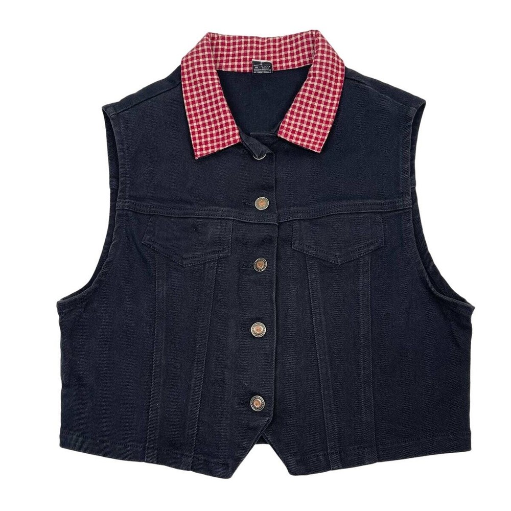 VTG Christmas Black Denim Red Check Collar Patch Snowman & Tree Back Vest Large