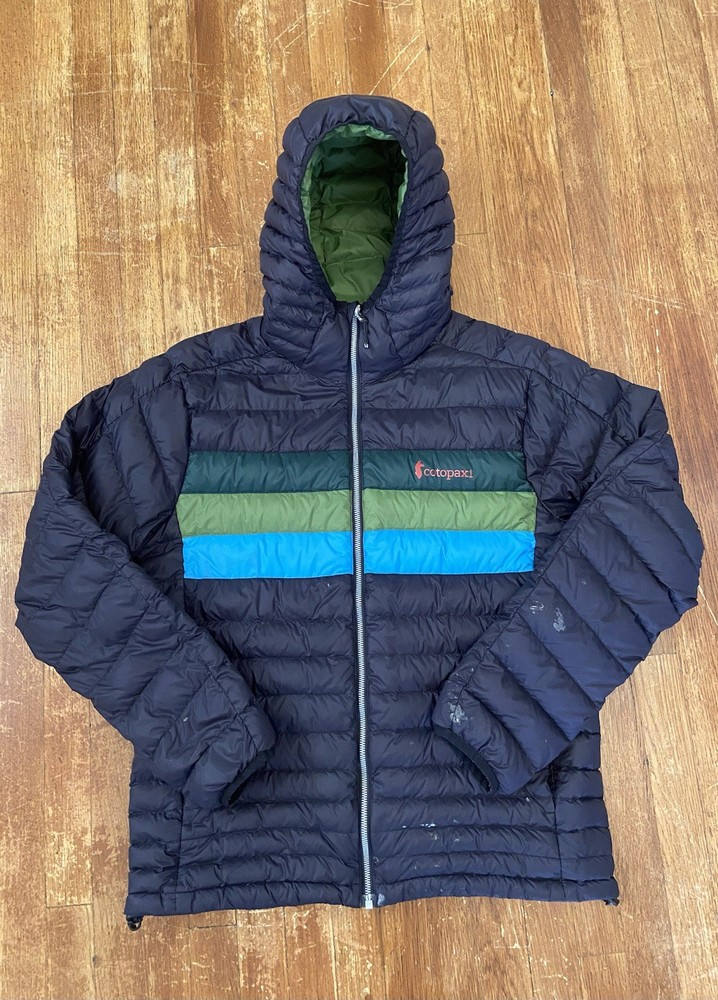 Cotopaxi Fuego Down Jacket Mens Medium Hooded Full Zip Striped