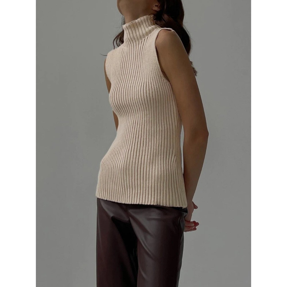 Minimalist Mock Neck Tank Top Stretch Tan M Ribbed Knit Pullover Vintage