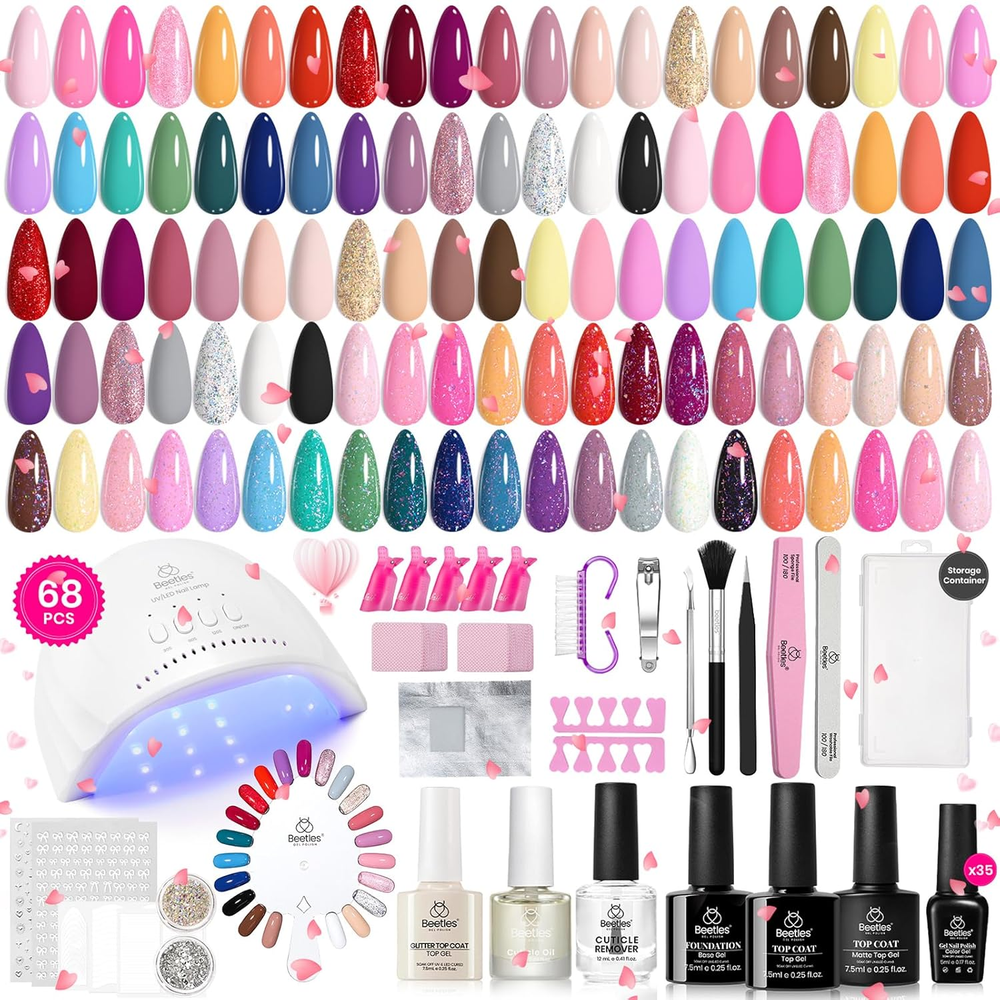 68-Piece Beetles Gel Nail Polish Kit with UV Light - 35 Colors & Pink Glitter Nail Art Set  