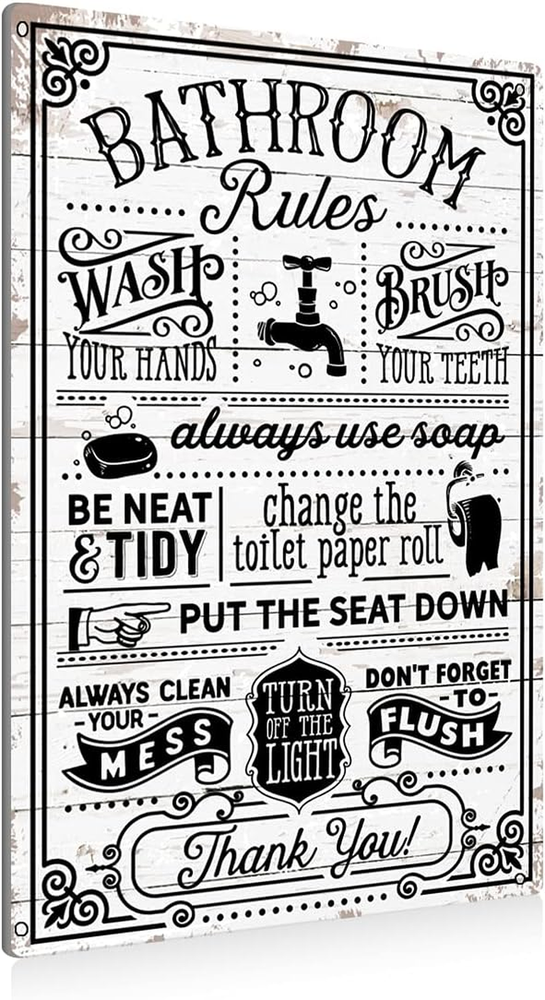 Funny Bathroom Rules Metal Tin Sign Wall Decor - Farmhouse Bathroom Quote Tin...