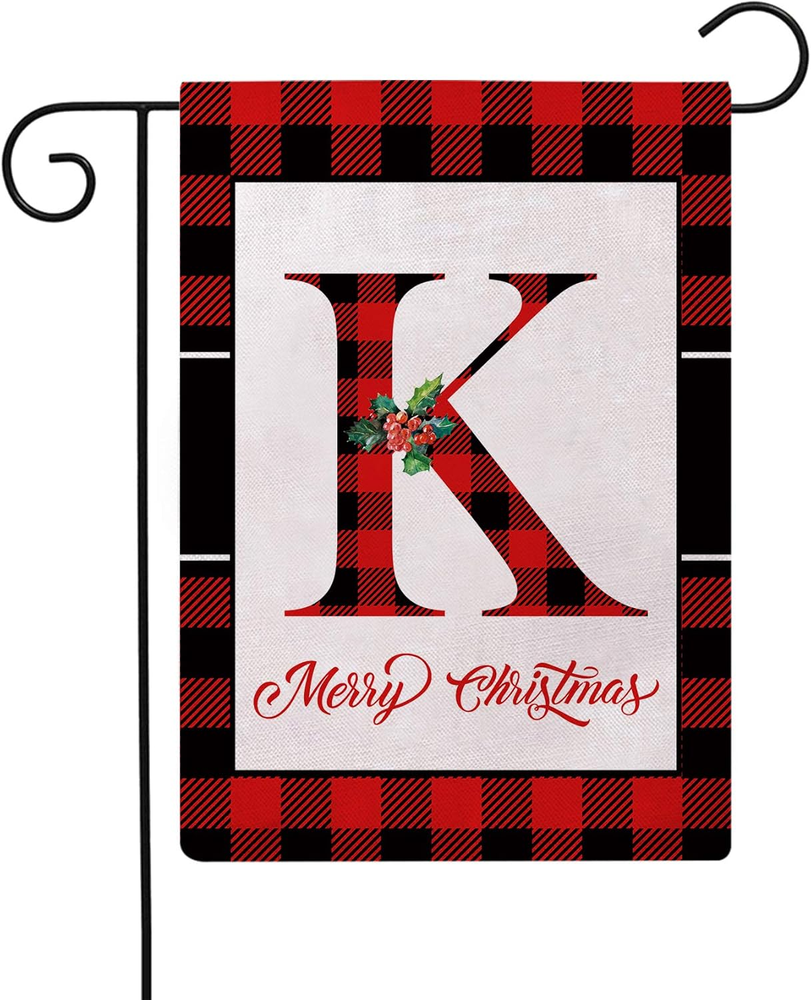 Christmas Plaid Decorative Garden Flags with Monogram Letter K Double Sided Farm