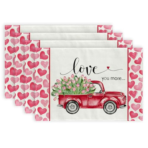 Mothers Day Placemat Set of 4 - 12x18 Inches Love You More Truck Heart Design-image