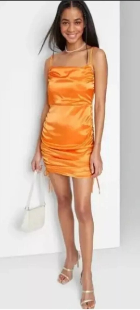 Wild Fable Women's XS Orange Satin Sleeveless Ruched Sides Bodycon Mini Dress