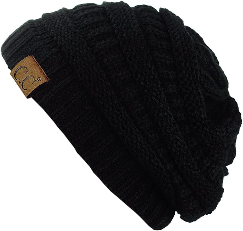 Trendy Unisex Chunky Knit Slouchy Beanie in Soft Stretch Black