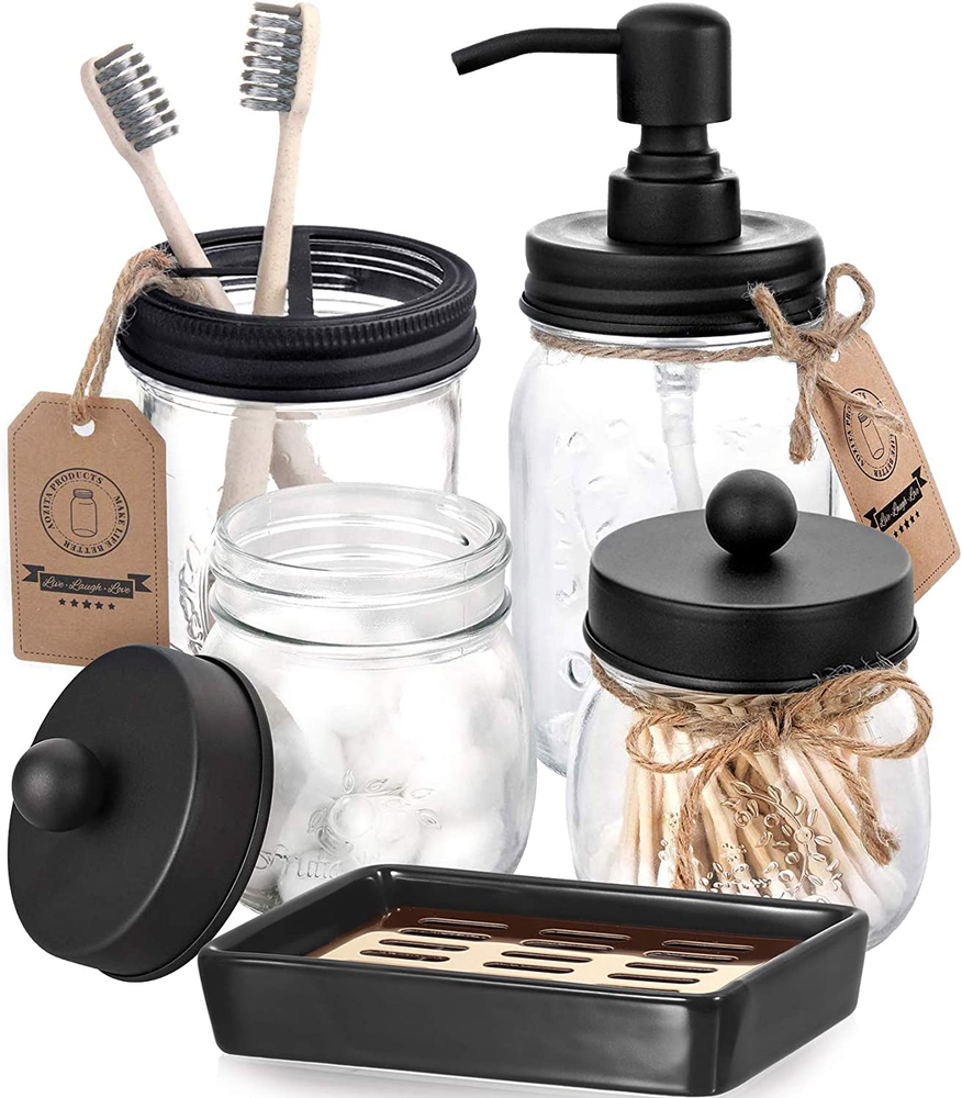 5 Pcs Mason Jar Bathroom Accessories Set - Mason Jar Soap Dispenser & 2 Apotheca
