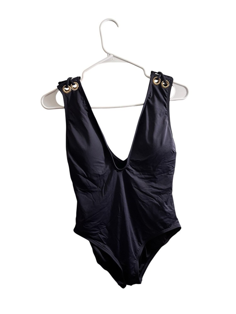Michael Kors Black One Piece Swimsuit Size 8 Wide Strap Grommet Accent